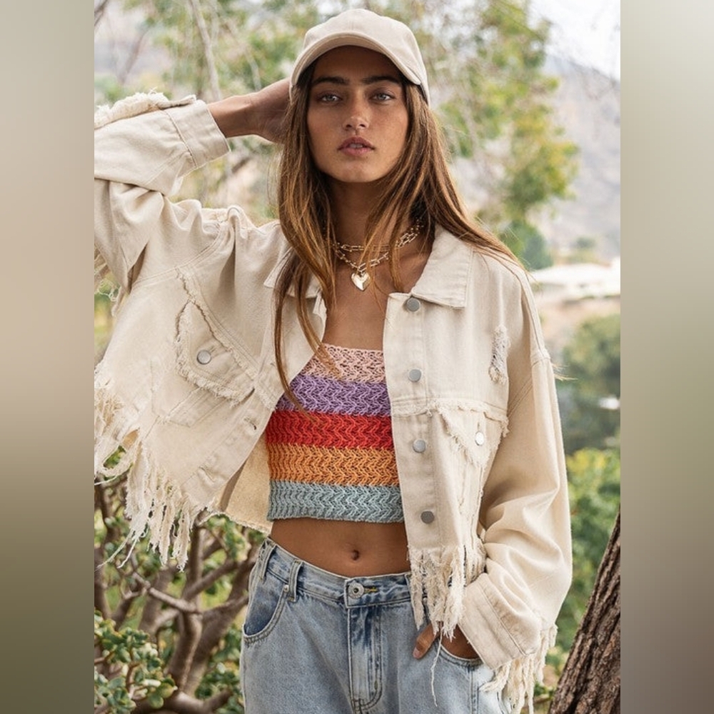 Like New POL Fringed Cream Denim Jacket